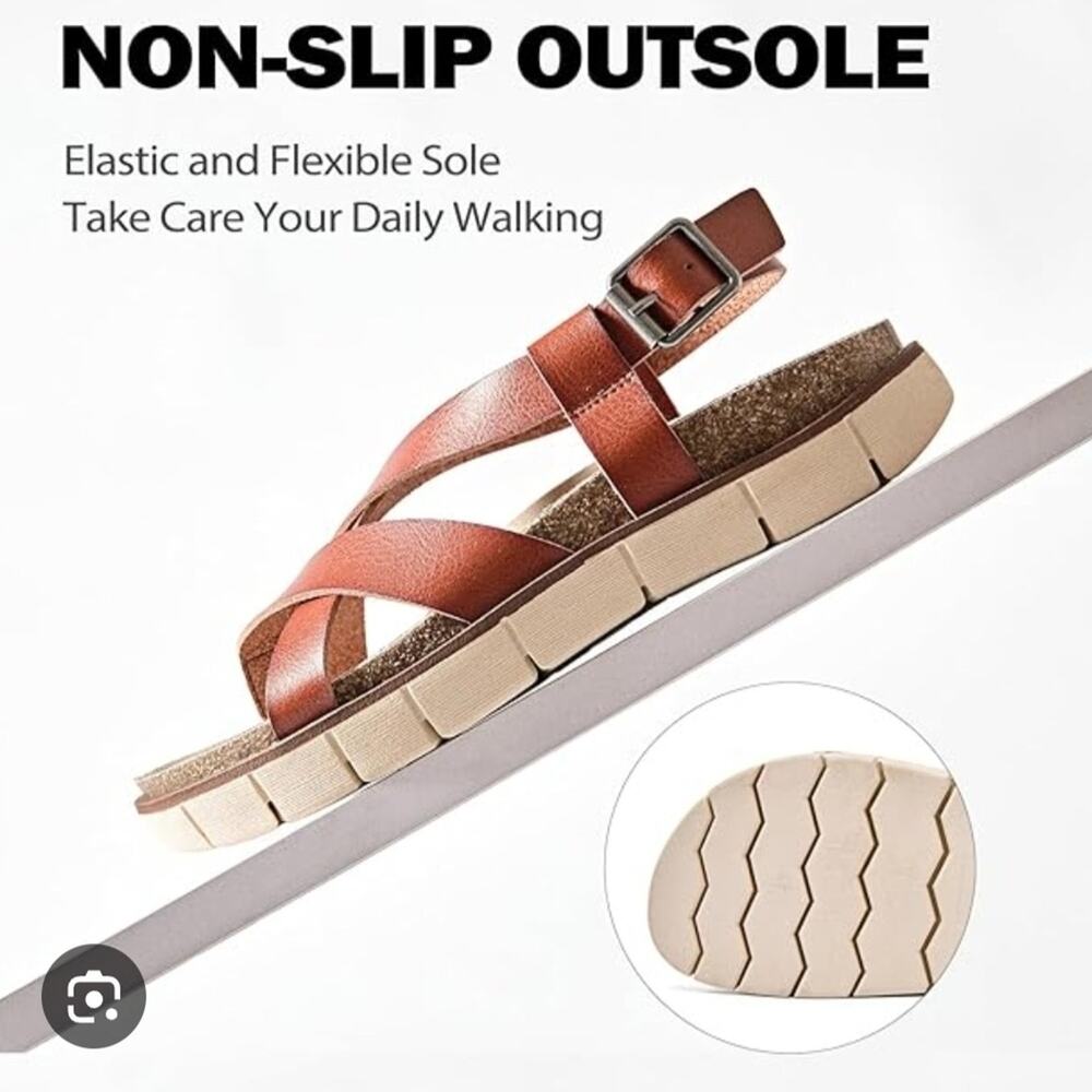 New Ruiee Women's Comfort Flat Side Brown Sandals with Non-Slip Outsole Sz9.5